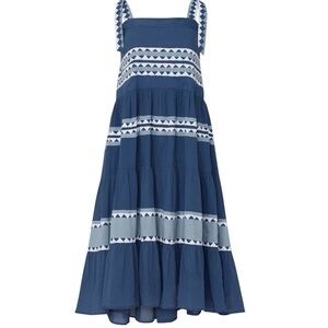 Carolina K Iris All Cotton Midi Dress Large Blue White Appliqué Pattern Coastal